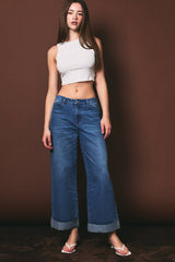 Medium Wash Cuffed Wide Leg Jeans