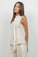 Premium- Tie Neck Linen Blend Top