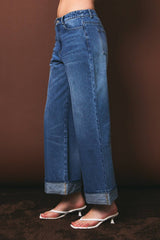 Medium Wash Cuffed Wide Leg Jeans