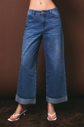 Medium Wash Cuffed Wide Leg Jeans