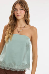 Sage Green Satin Lace Strapless Top
