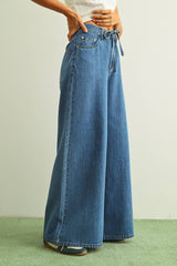 Drawstring Wide-Leg Denim Pants