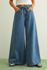 Drawstring Wide-Leg Denim Pants