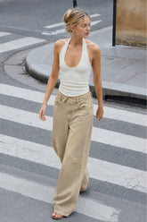 Khaki Distressed Wide Leg Jeans