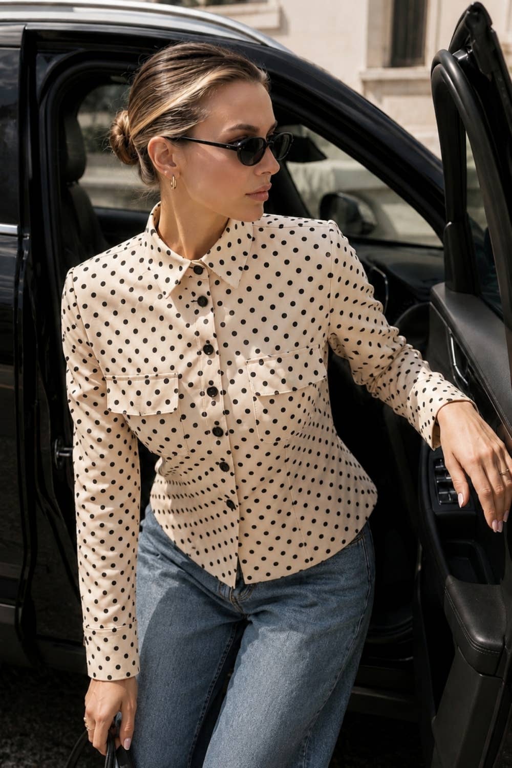 Polka Dot Tailored Cropped Shirt Jacket
