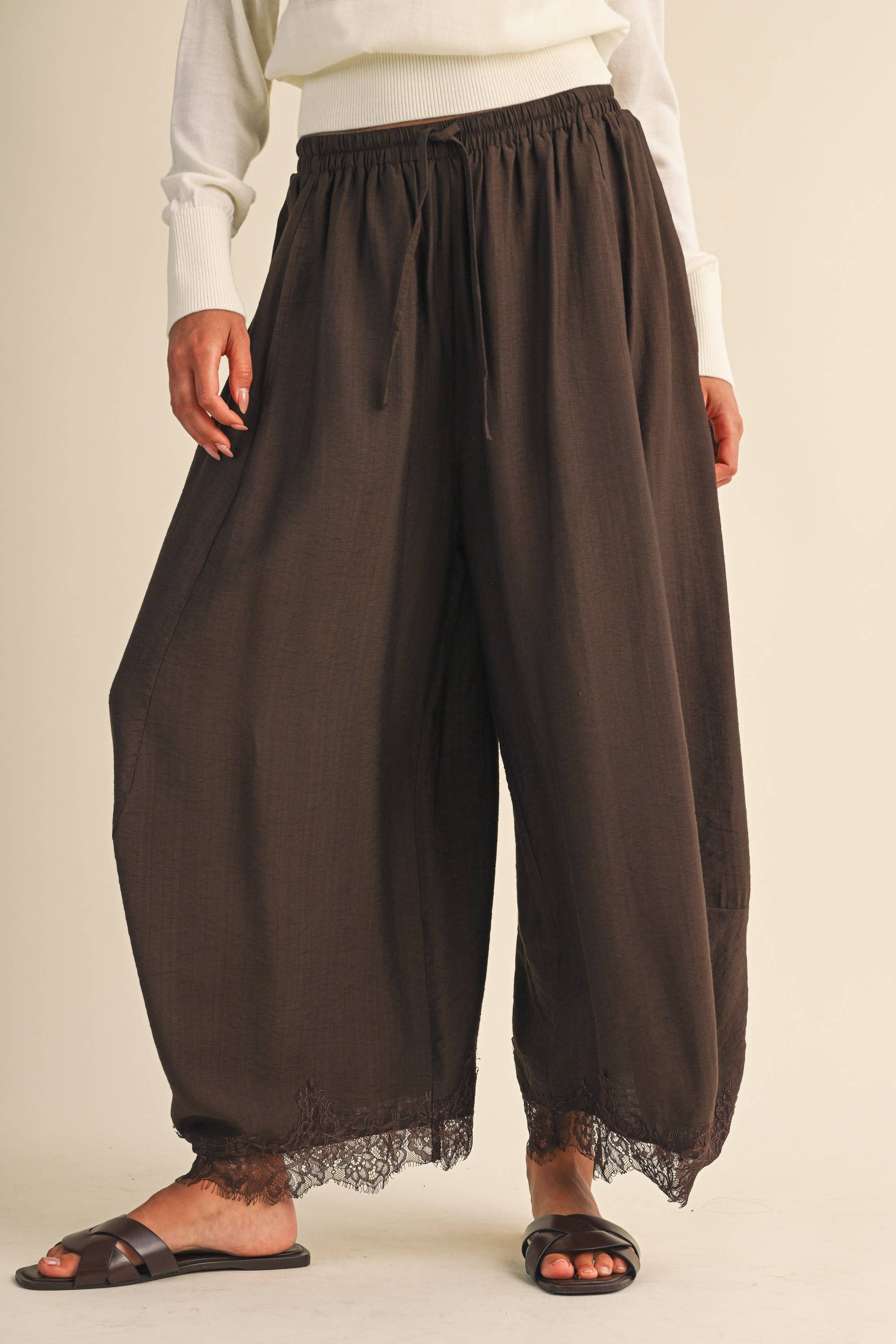 Chocolate Brown Lace Trim Balloon Pants
