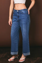 Medium Wash Cuffed Wide Leg Jeans