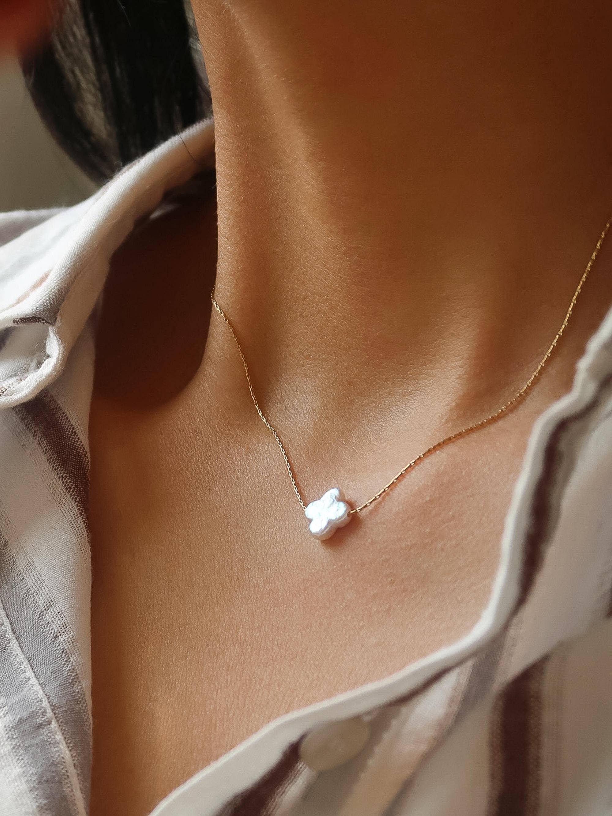 18K Gold Non-Tarnish Freshwater Pearl Clover, Heart Necklace: Yellow Gold / Clover-Cloverie