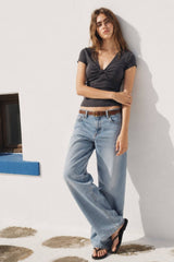 Ribbed Twist Front V-Neck Top