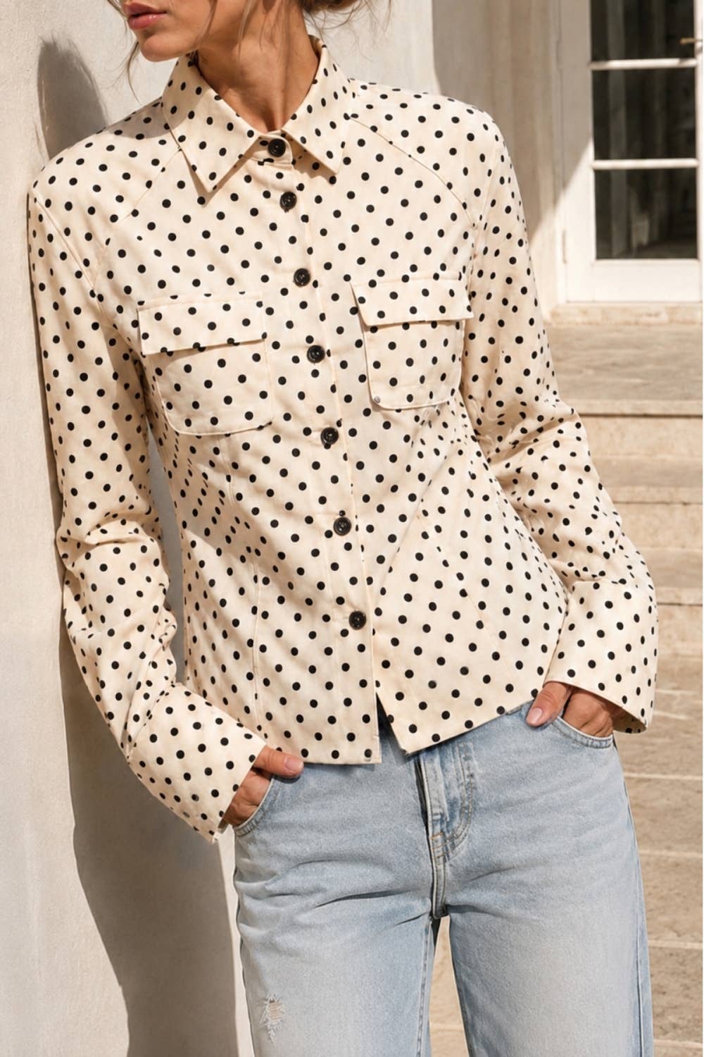 Polka Dot Tailored Cropped Shirt Jacket