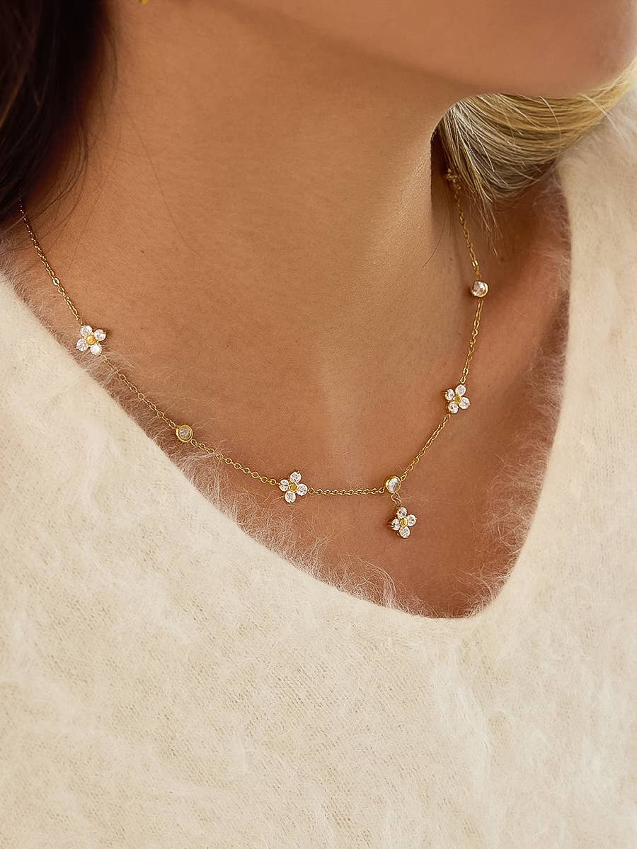Aveline 18K Gold Non-Tarnish CZ Floral Chain Necklace