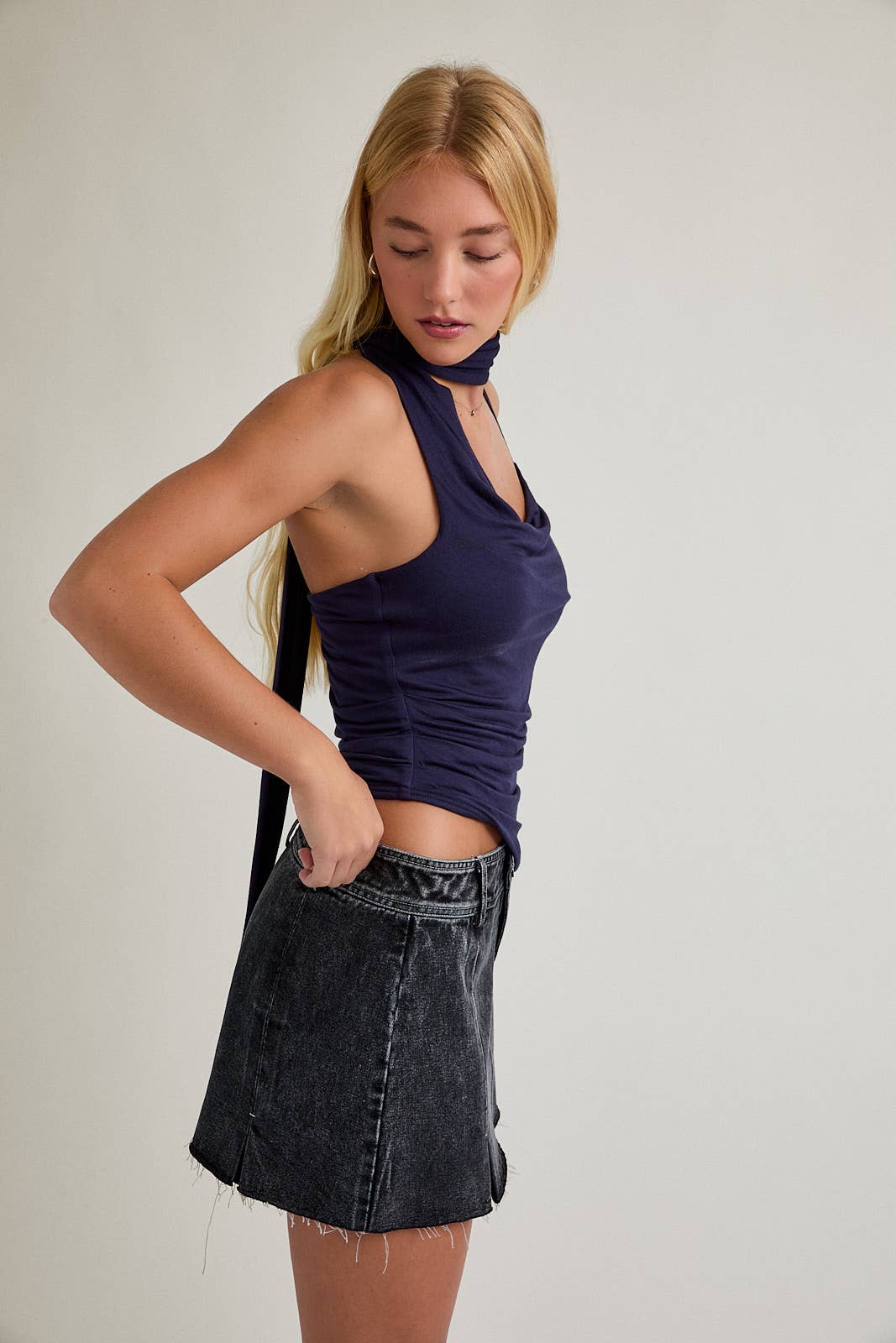 One Shoulder Knit Top with Attached Scarf