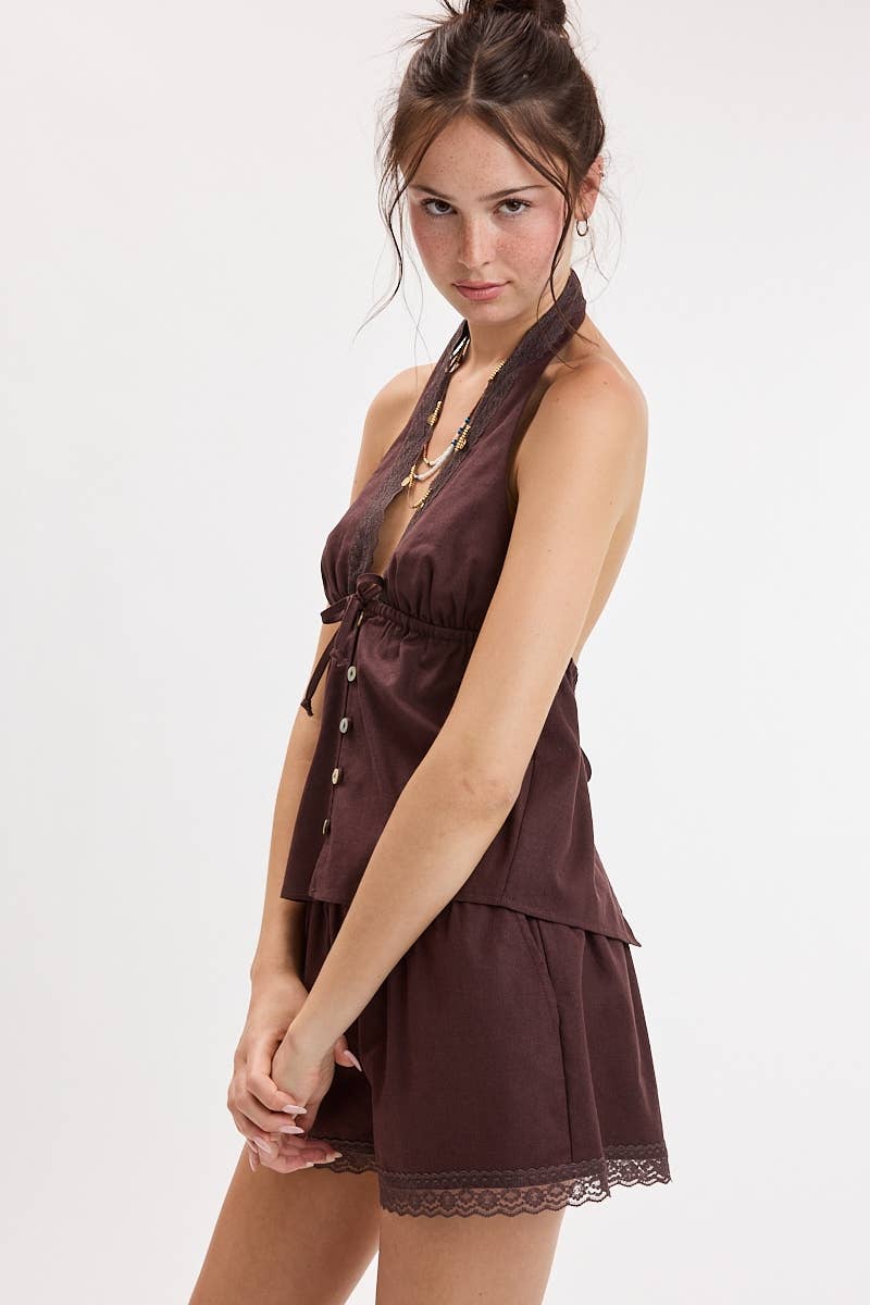 Brown Lace Trim Halter Set