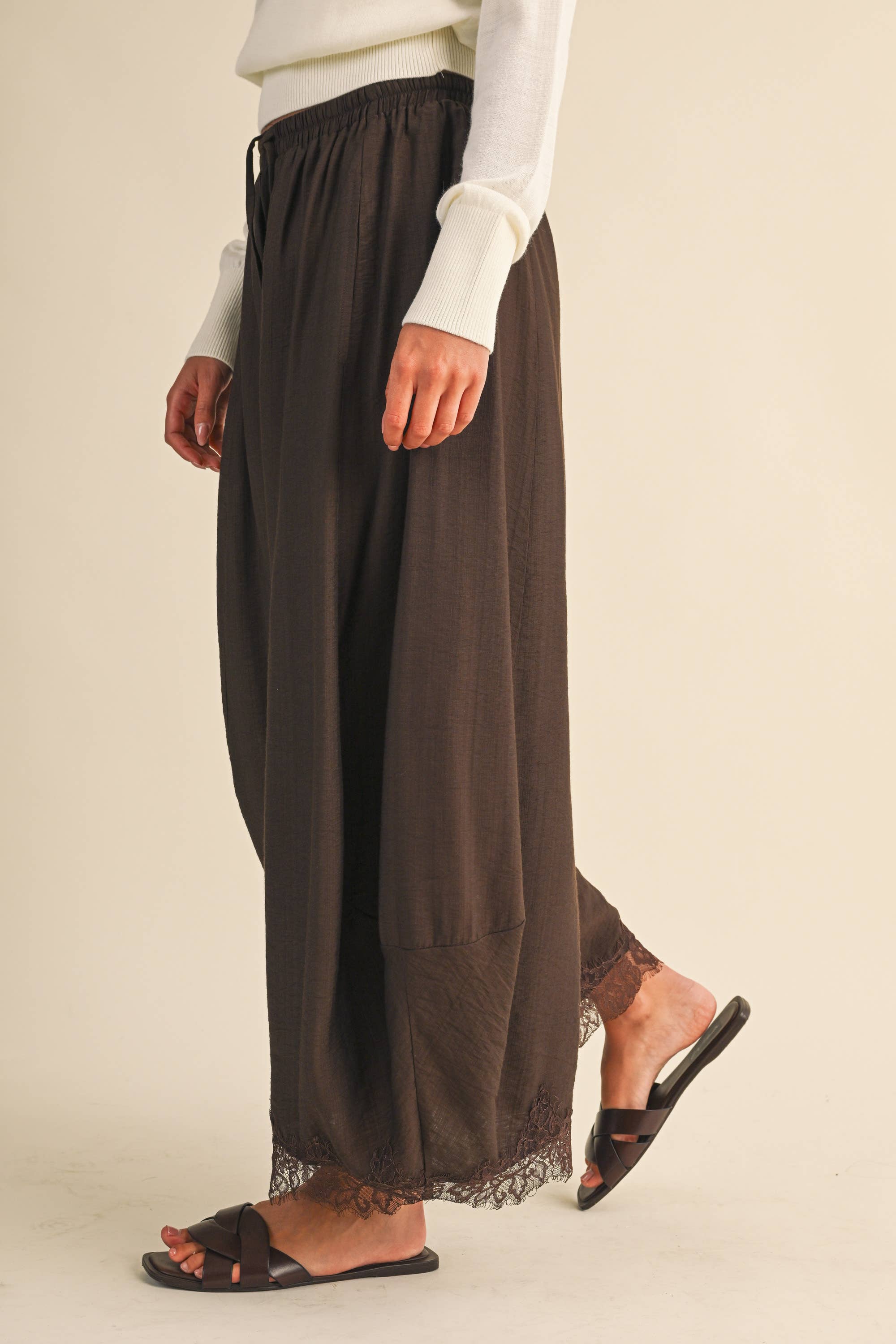 Chocolate Brown Lace Trim Balloon Pants