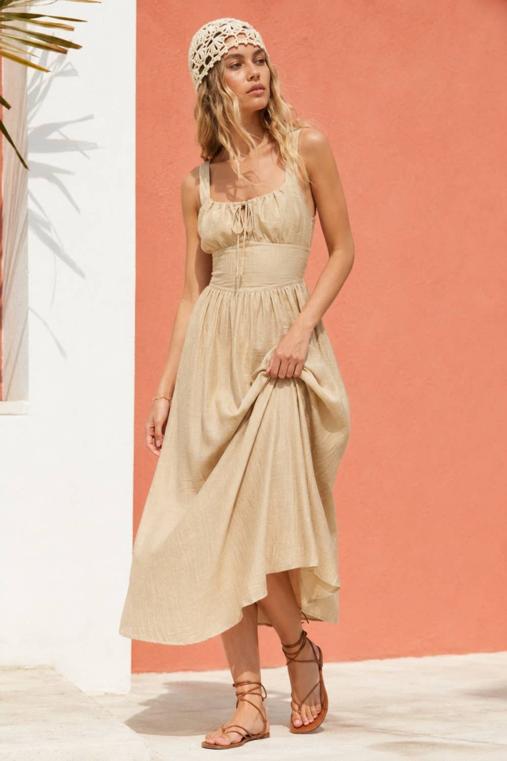 Linen Blend Smocked Midi Dress