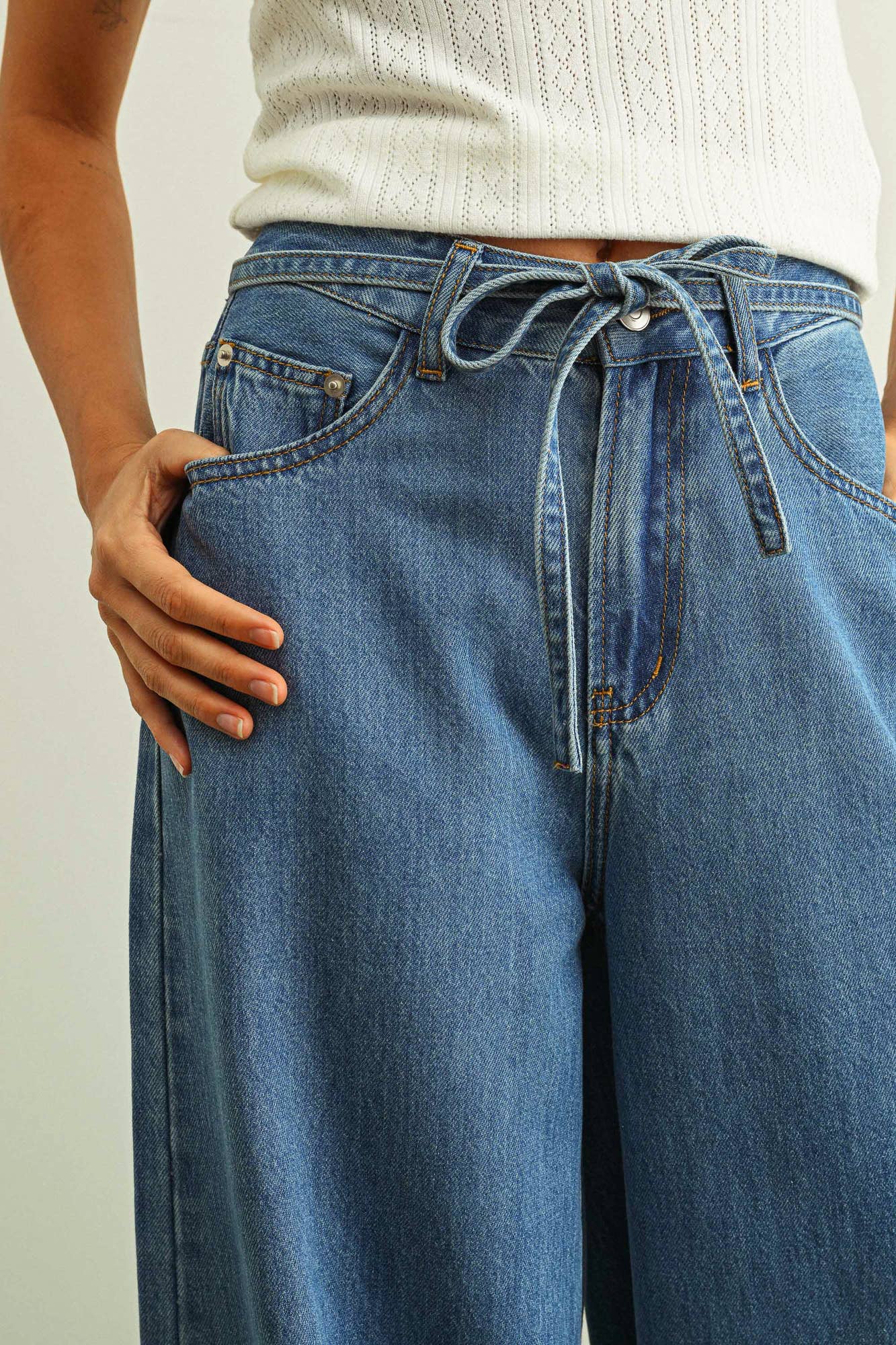 Drawstring Wide-Leg Denim Pants