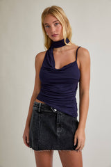 One Shoulder Knit Top with Attached Scarf
