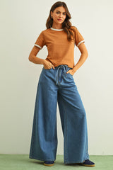 Drawstring Wide-Leg Denim Pants