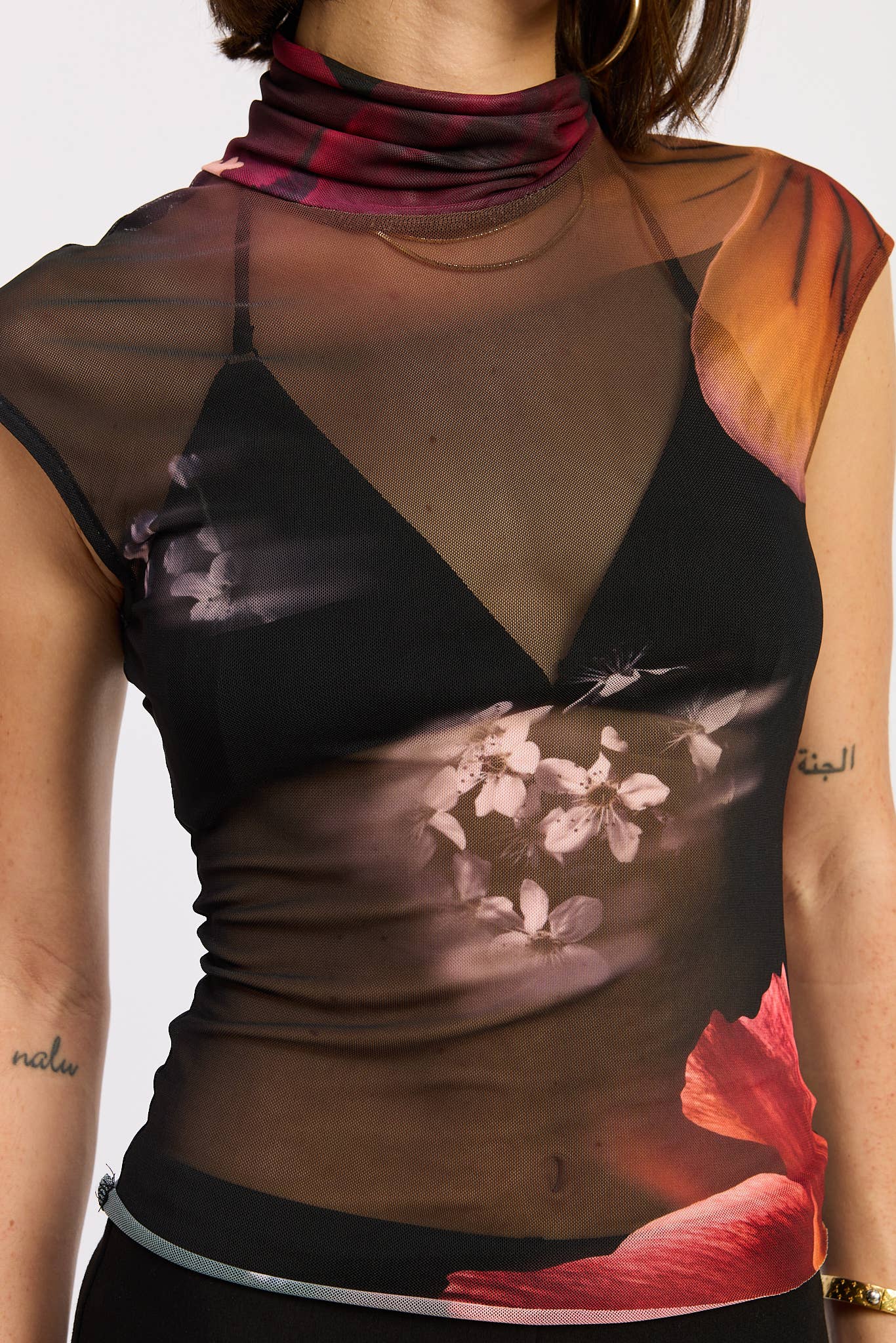 Sheer Printed Mock Neck Top