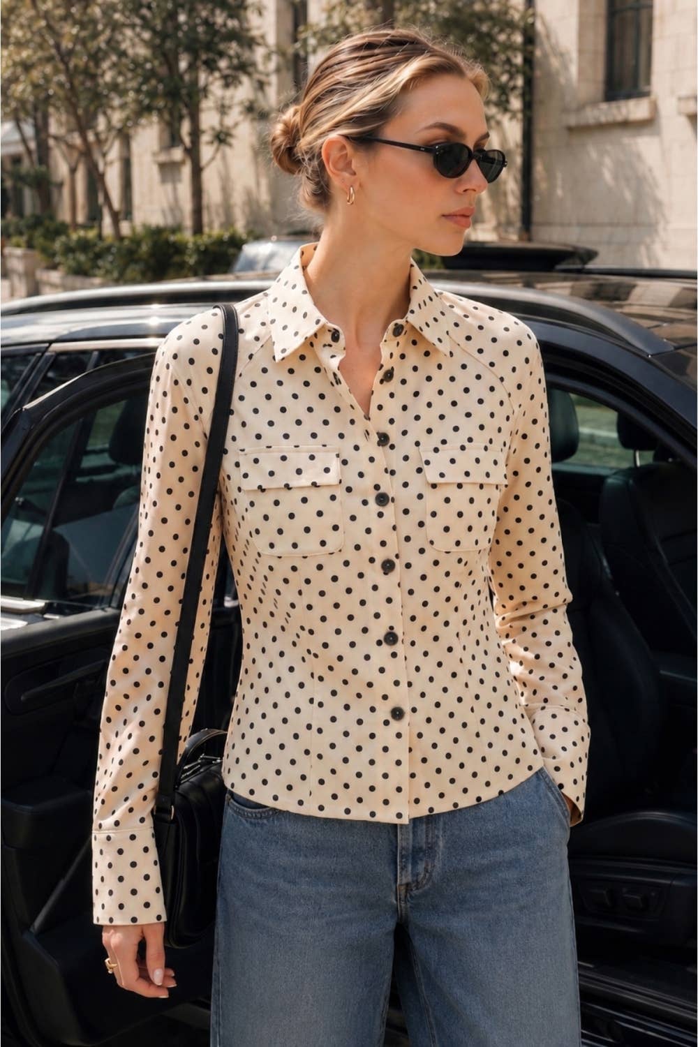 Polka Dot Tailored Cropped Shirt Jacket