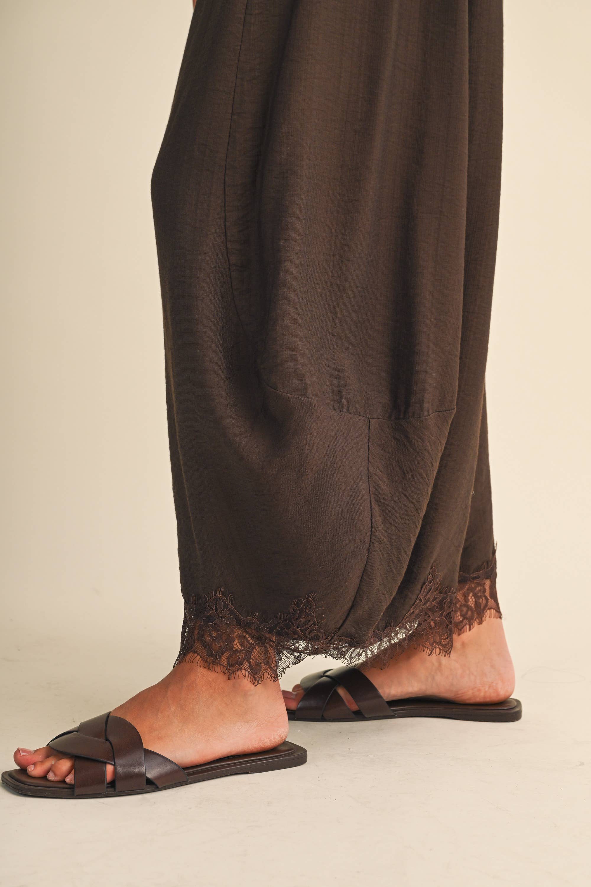 Chocolate Brown Lace Trim Balloon Pants