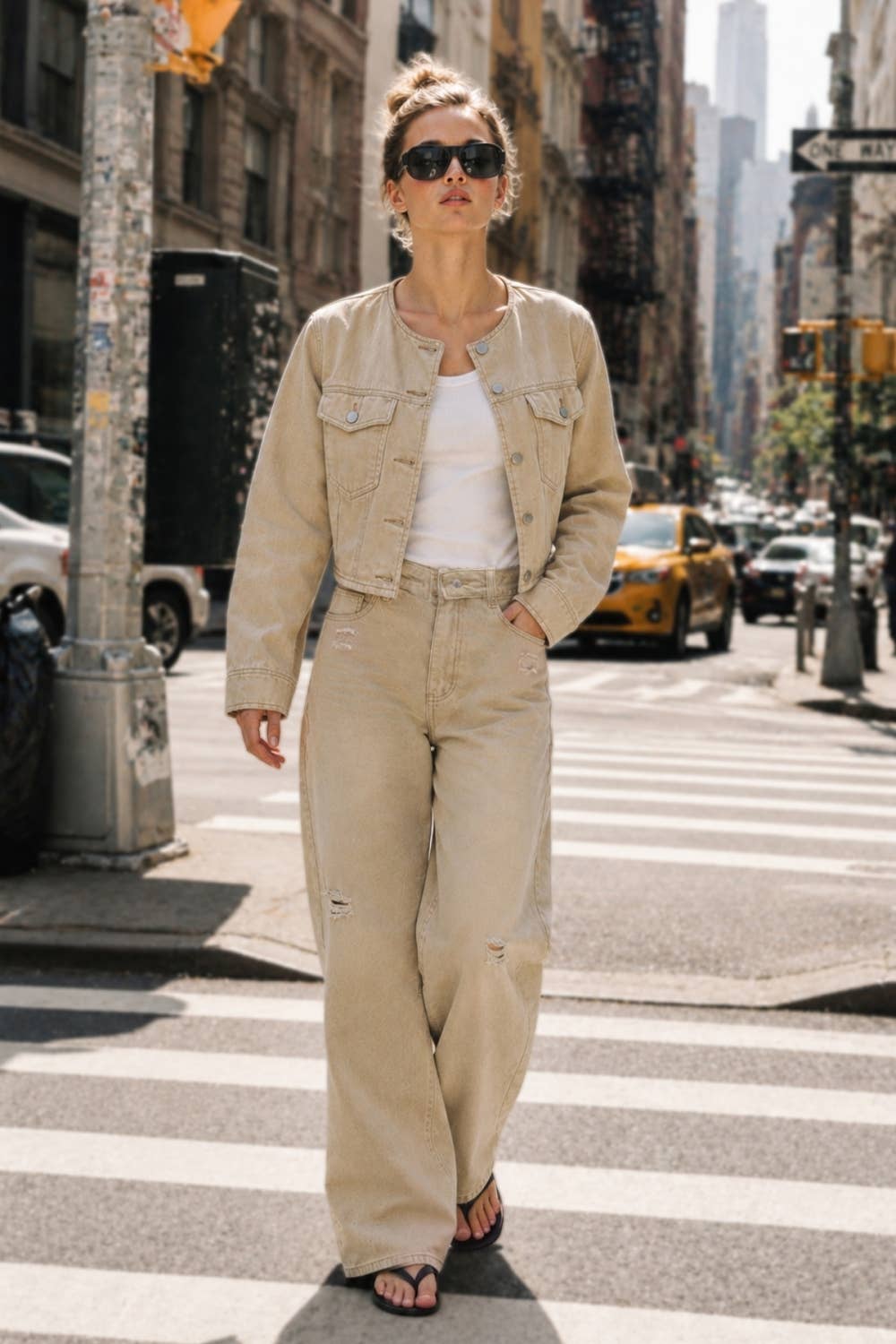 Khaki Distressed Wide Leg Jeans