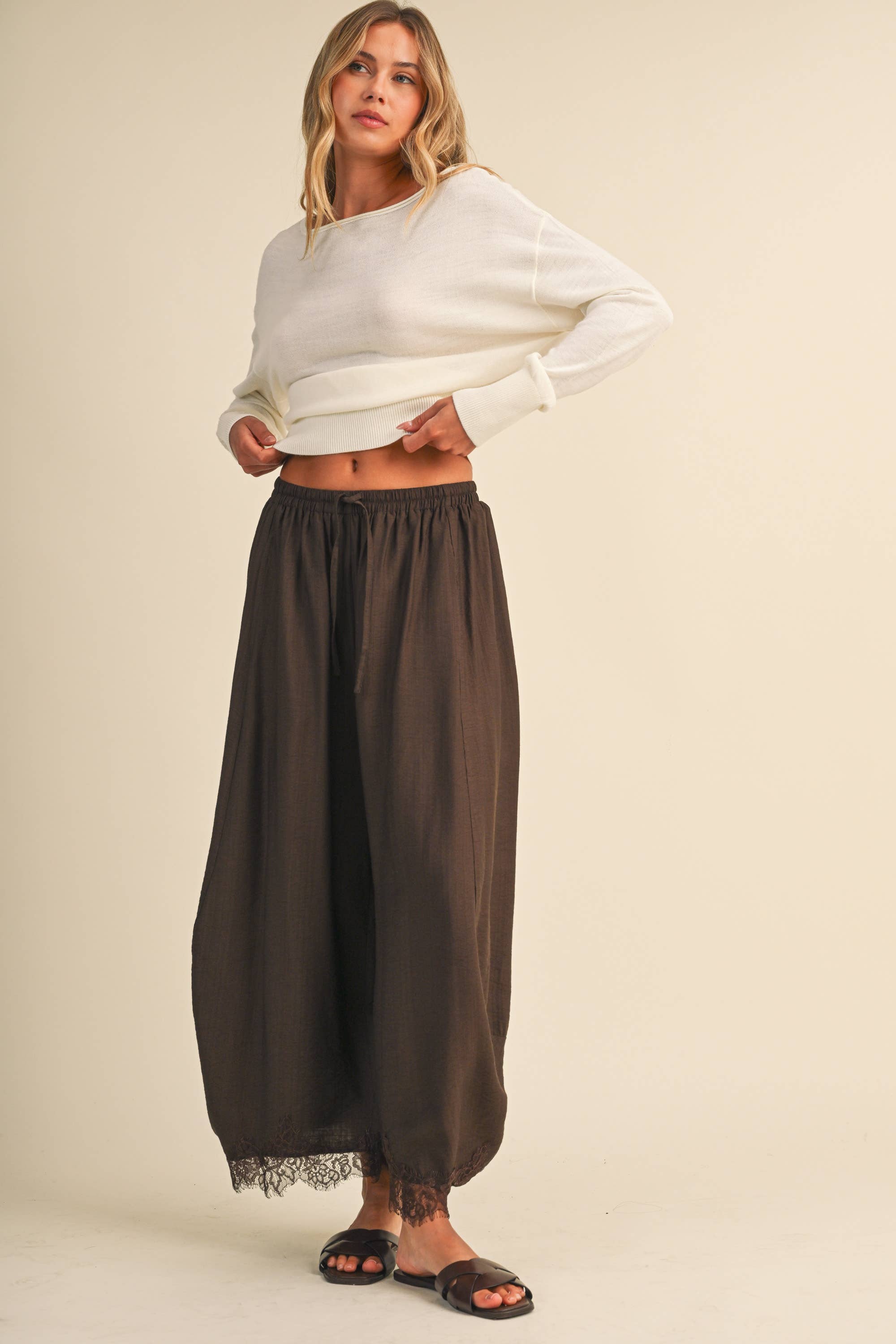 Chocolate Brown Lace Trim Balloon Pants