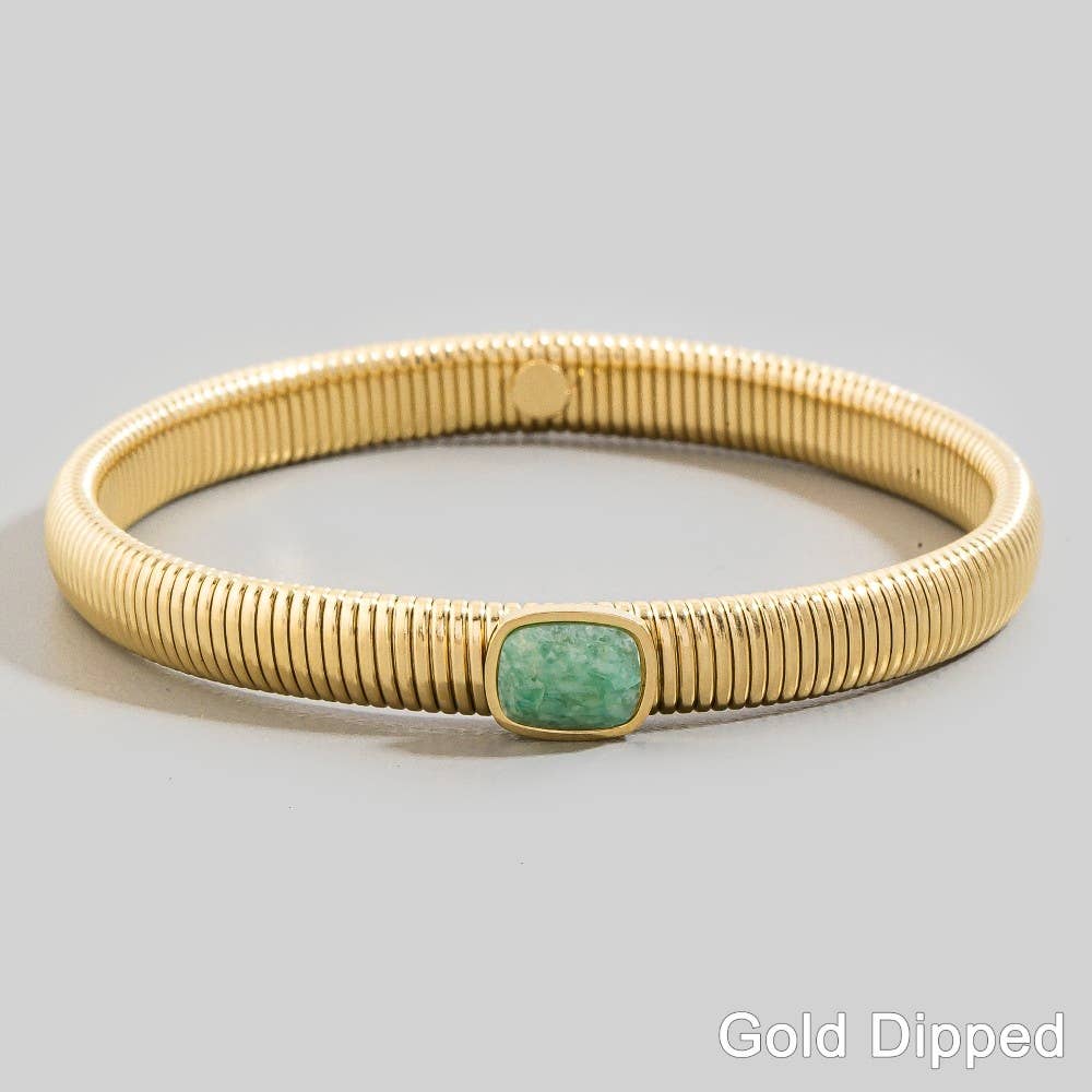 Stainless Steel Ribbed Stone Bangle Bracelet