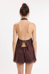 Brown Lace Trim Halter Set