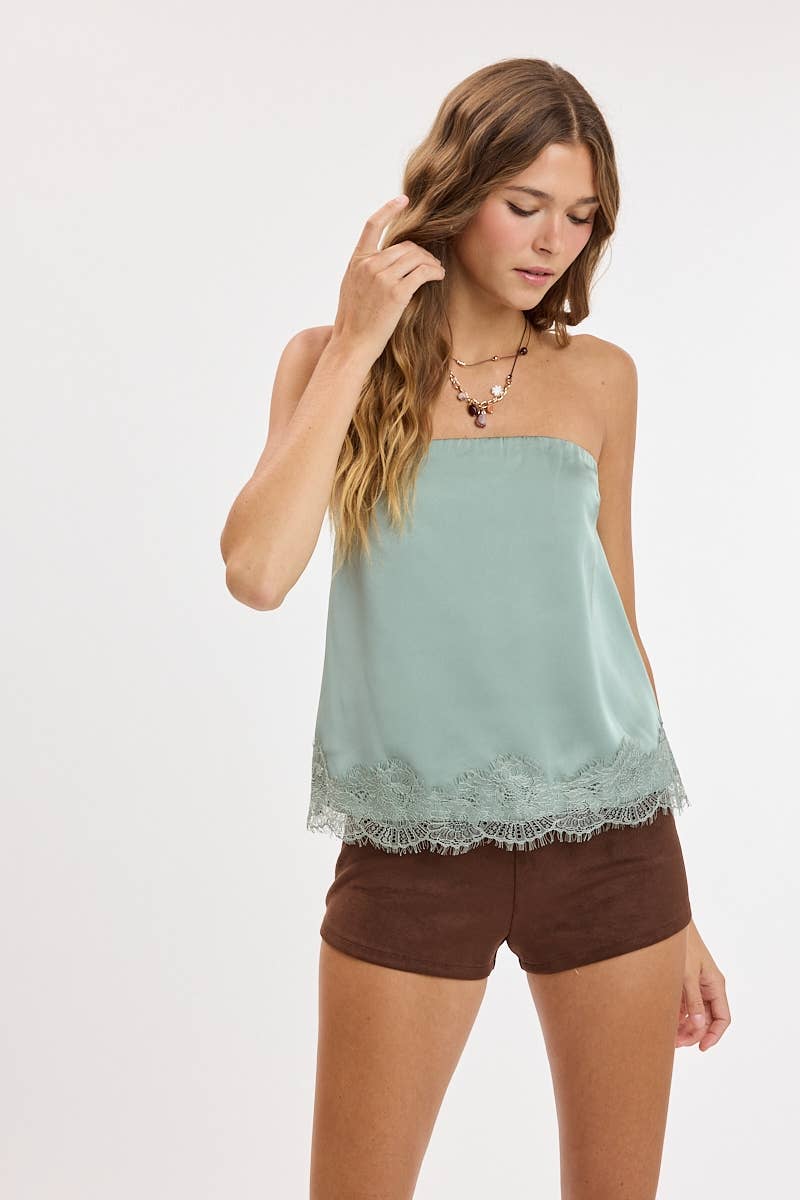 Sage Green Satin Lace Strapless Top