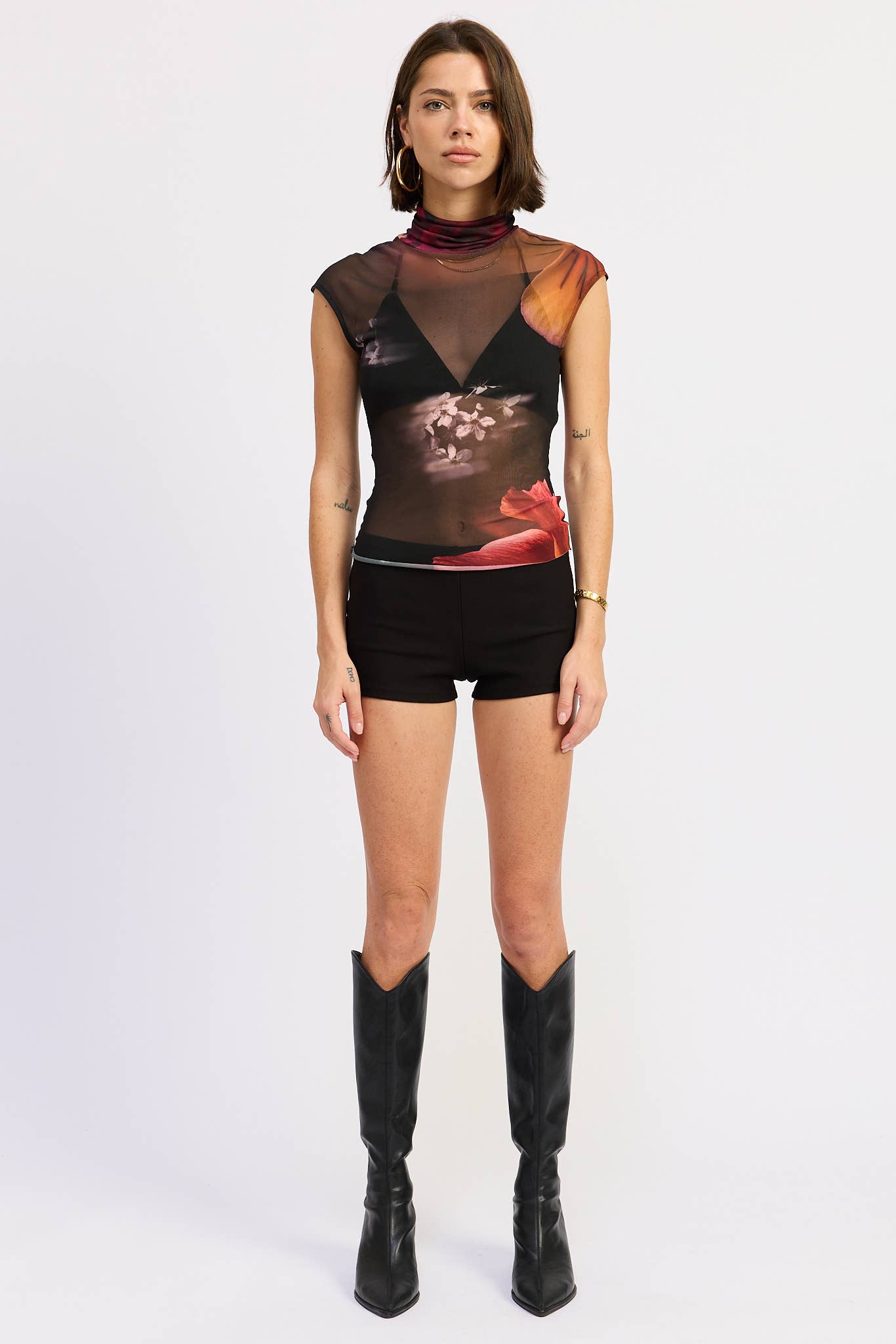 Sheer Printed Mock Neck Top