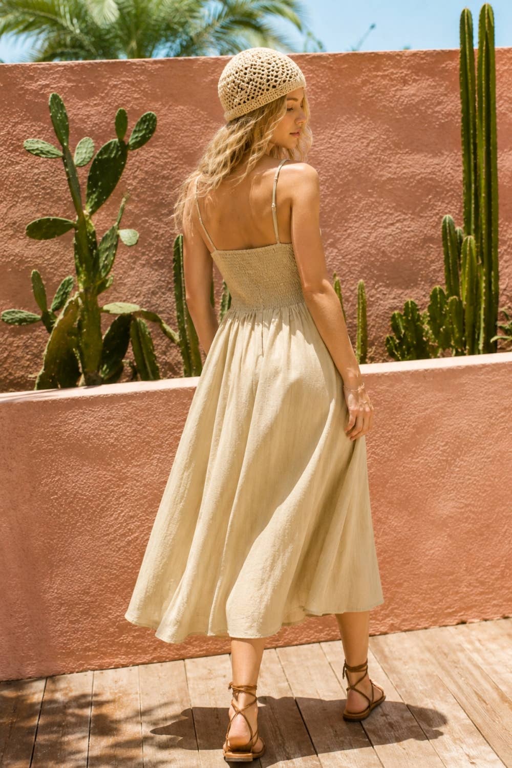 Linen Blend Smocked Midi Dress