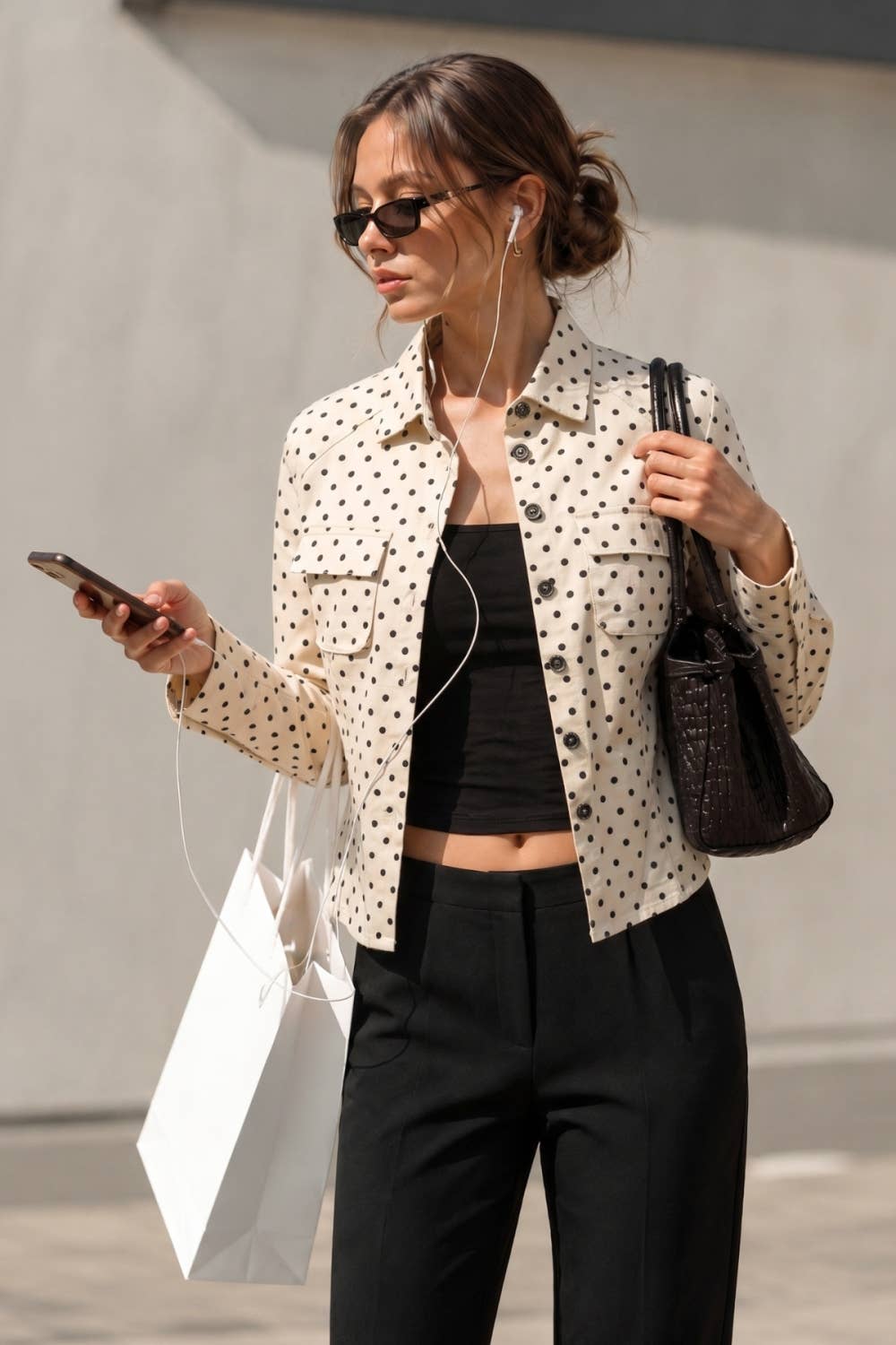 Polka Dot Tailored Cropped Shirt Jacket