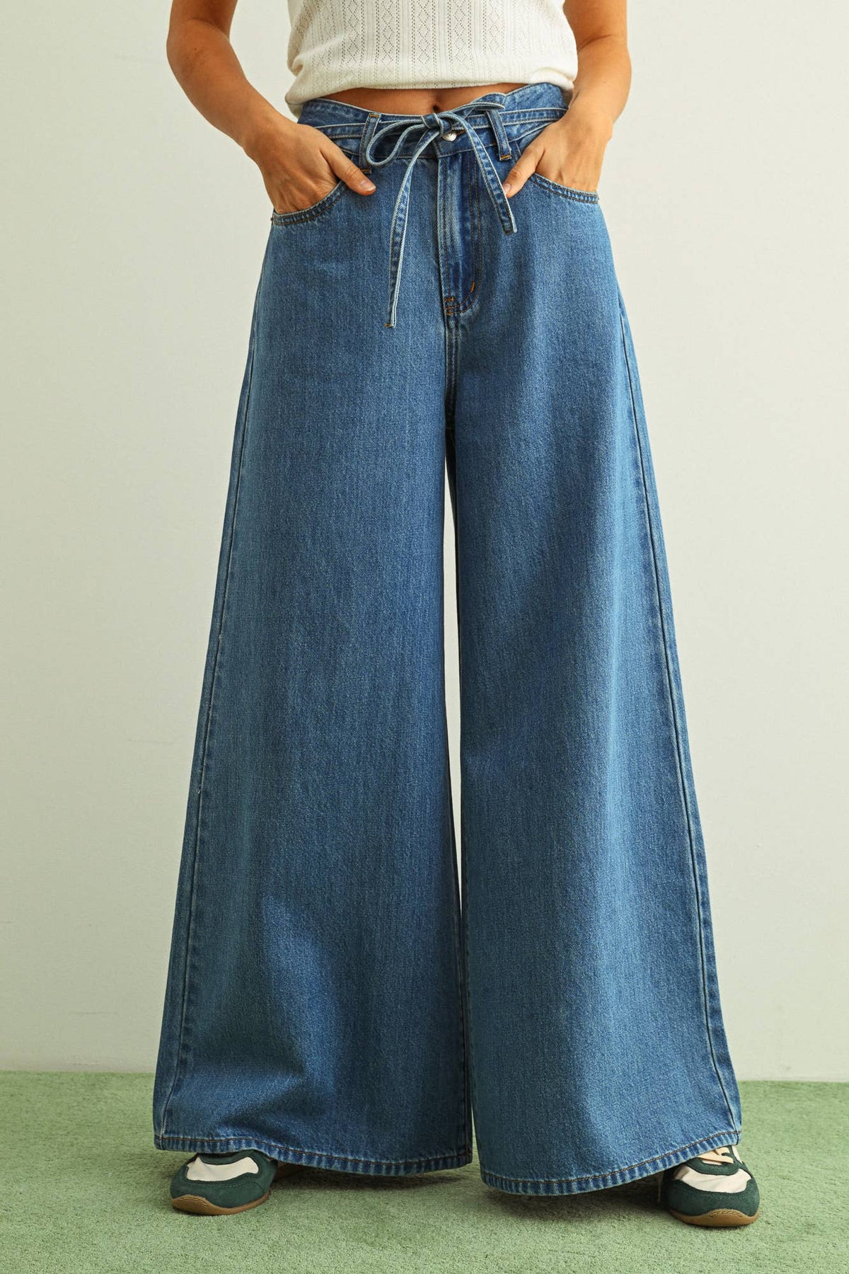 Drawstring Wide-Leg Denim Pants