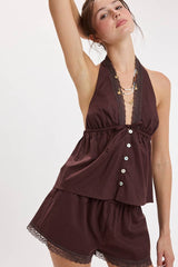 Brown Lace Trim Halter Set