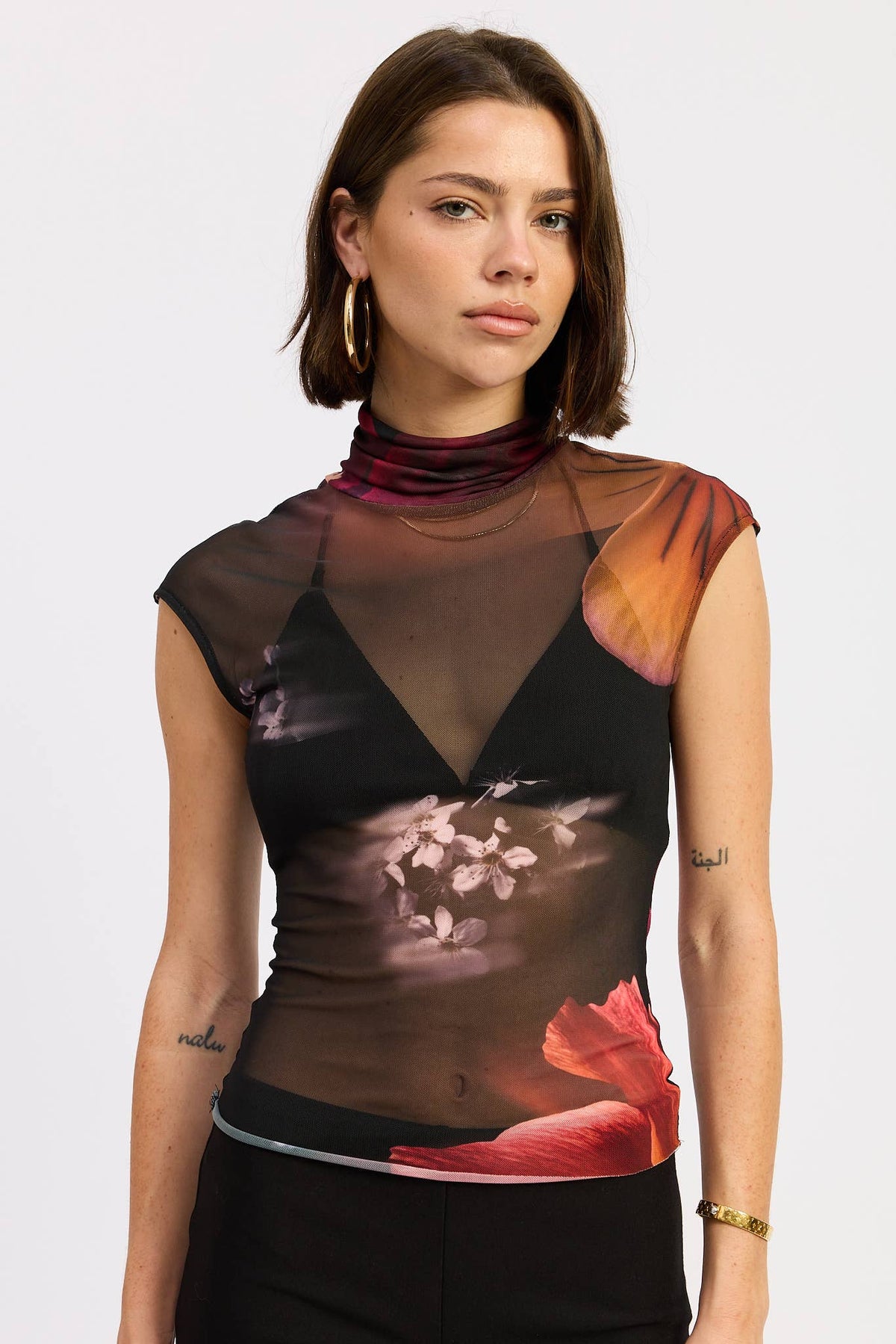 Sheer Printed Mock Neck Top
