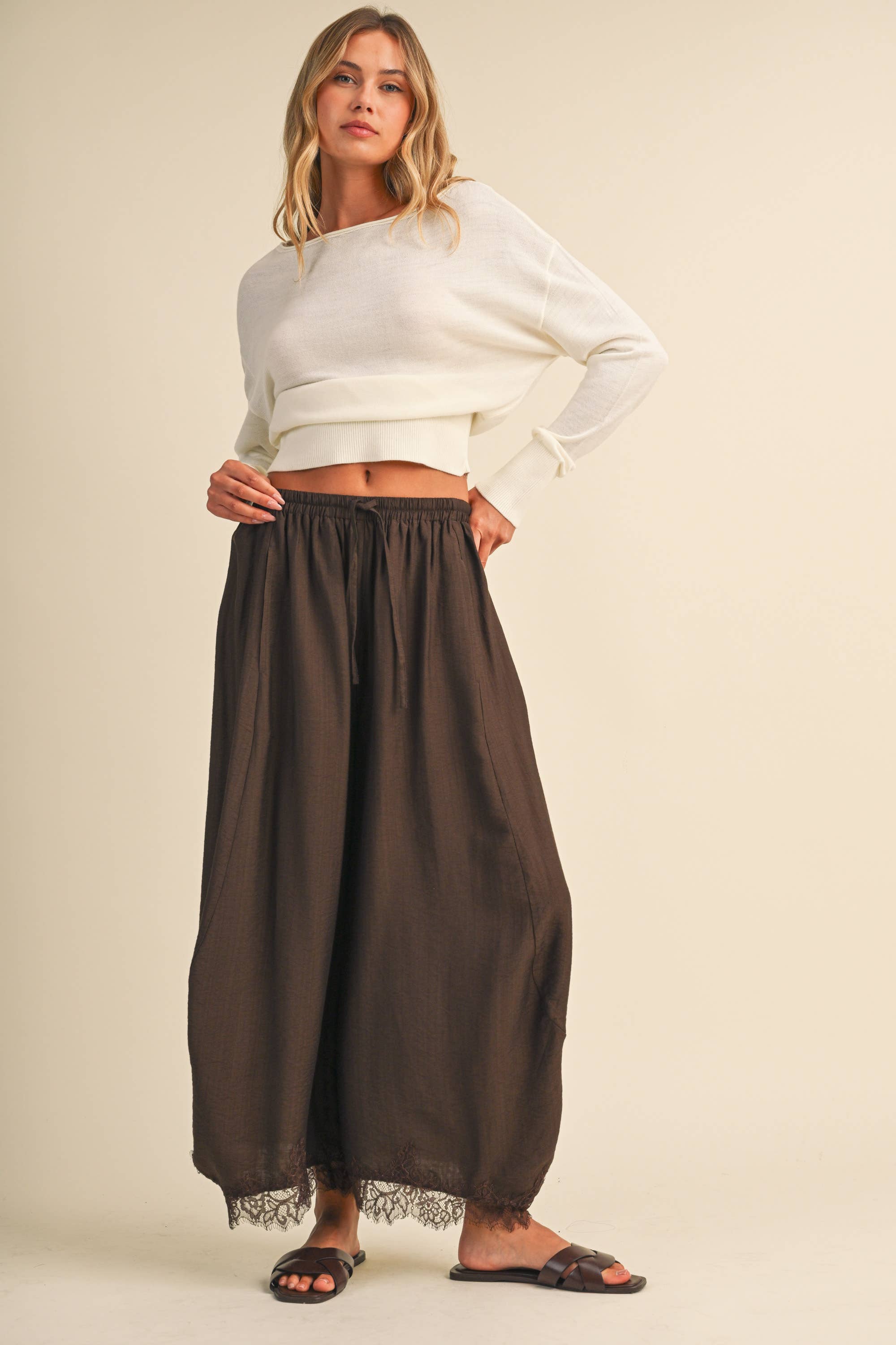 Chocolate Brown Lace Trim Balloon Pants