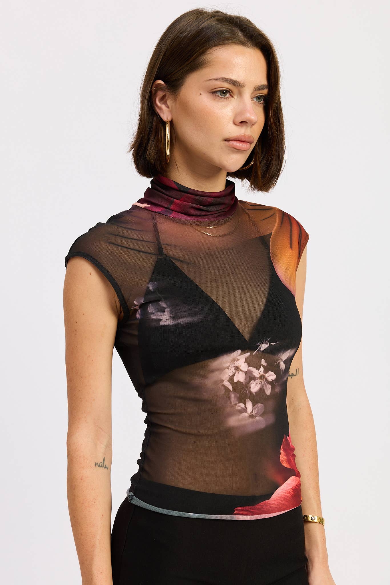 Sheer Printed Mock Neck Top