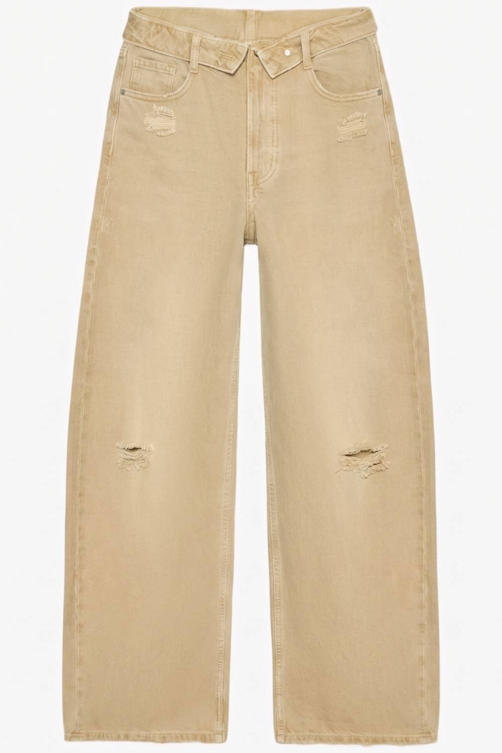 Khaki Distressed Wide Leg Jeans