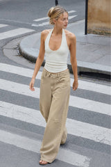 Khaki Distressed Wide Leg Jeans